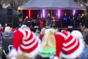 Lit up stage with performers and a crowd of christmas onlookers